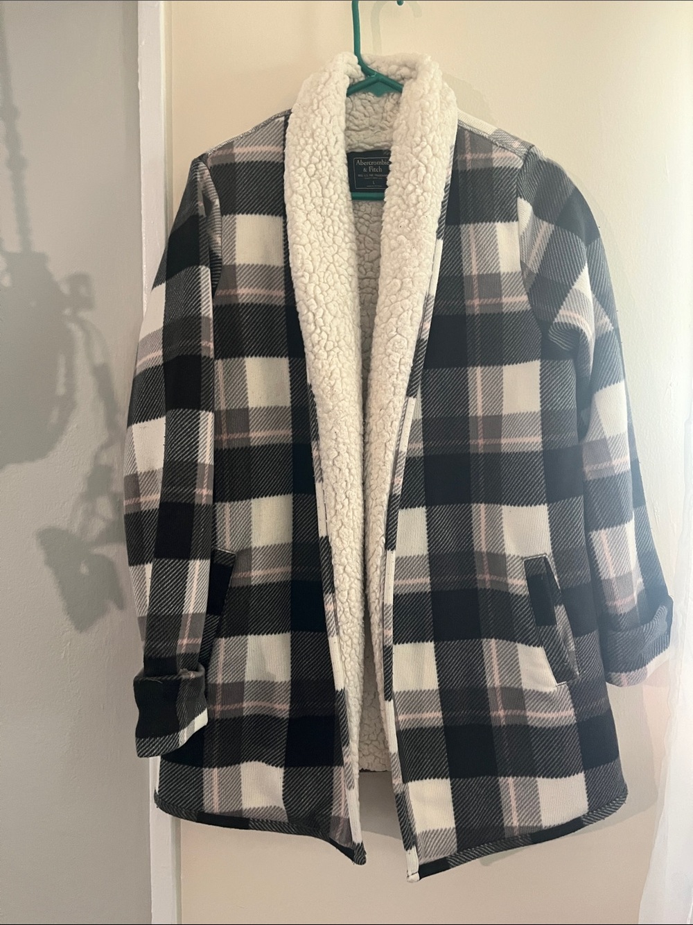 Abercrombie & Fitch Black, White, Pink & Gray Plaid Sherpa Jacket